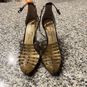 Jessica Simpson Black and Tan Strappy Heels